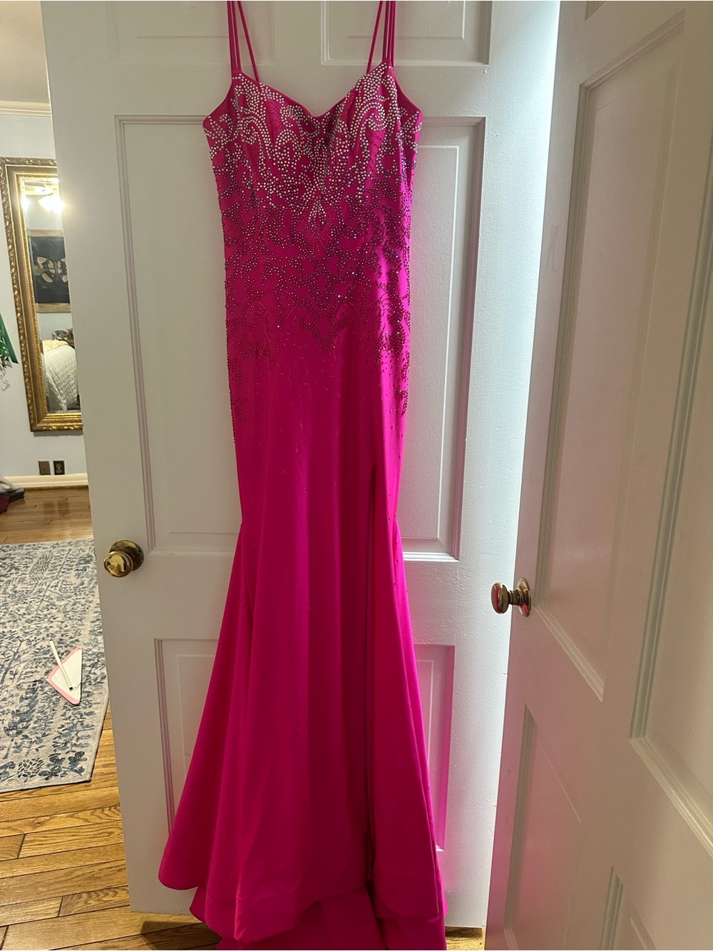 Fuchsia Beaded Spaghetti-Strap Prom Dress